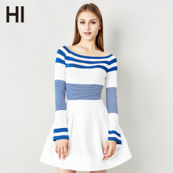 HI 秋冬装新款一字领条纹喇叭袖开叉针织衫 69