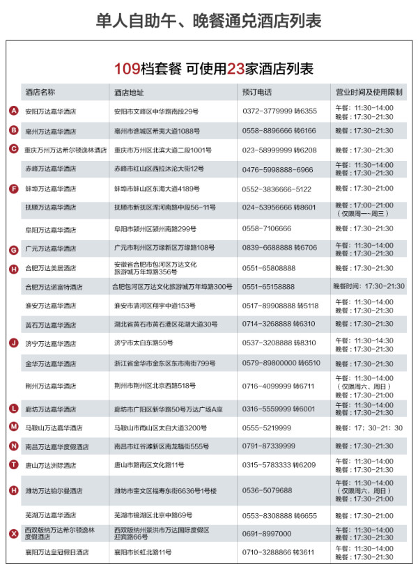 双11预售:万达79家高星级酒店 自助午\/晚餐通兑