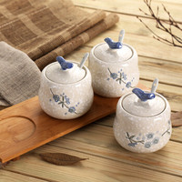 樱之歌 纯手绘雪花釉日式素瓷调味罐3件套（含竹垫）