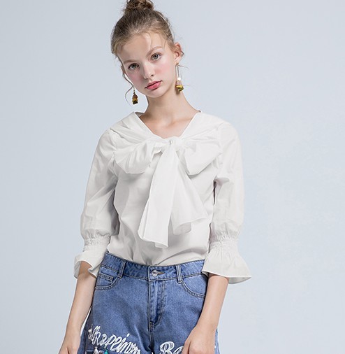 La·go·go 拉谷谷 HCSS437Q11 女士蝴蝶结七分袖T恤