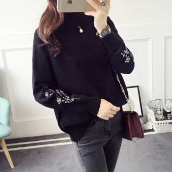 亚瑟魔衣针织衫女套头毛衣2017新款韩版刺绣宽松短款打底衫半高领学生上衣SH-2957 黑色 均码