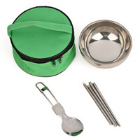 克来比 便携环保餐具套装 户外露营旅行餐具 不锈钢勺筷碗三件套 圆形收纳包 绿色 KLB1126