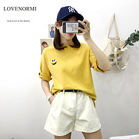 LOVENORMI 宽松芝麻街卡通刺绣纯色短袖T恤女 (黄色、均码)