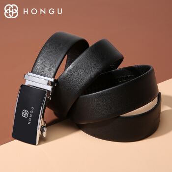 红谷HONGU 男士皮带 商务休闲自动扣牛皮男士腰带礼盒装 H21103859漆黑D