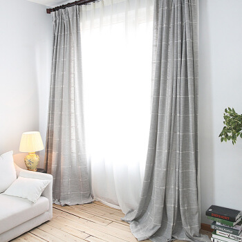 FOOJO窗帘刺绣格纹客厅卧室落地式布艺窗帘成品 2米宽*2.7米高