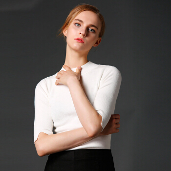 瑞比卡(Marc Rebecca)纯色中袖打底衫女中高领百搭修身针织衫毛衣 75013D 白色 L