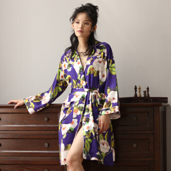 庆同（QingTong）睡衣女 秋季长袖睡袍南韩丝绸家居服系带性感睡裙 1171736 紫色 XL