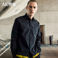 AK男装（AKSERIES）都市特工下摆撞色拼接微弹翻领衬衫1802002 黑色XL