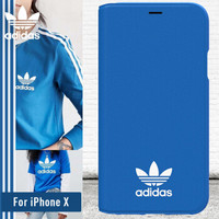 adidas（阿迪达斯) iPhone X三叶草经典PU皮优皮质翻盖手机壳 苹果10防摔防刮护屏保护套-纯色蓝