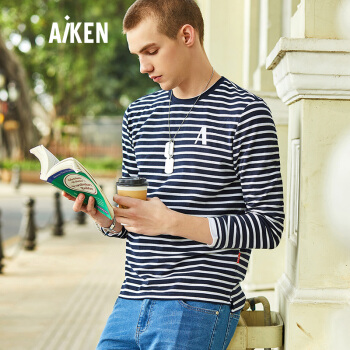 爱肯aiken森马旗下品牌2018秋冬季男装条纹长袖T恤AK118011301蓝白色调S