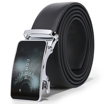 红谷皮带男 休闲青年牛皮男士腰带自动扣 年轻人裤带漆黑