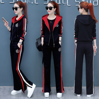 AUDDE 2019春夏季新款女装新品卫衣女运动服套装女韩版时尚休闲女装连帽三件套 HZ650-9835TZS 黑红色 XXL