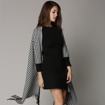 瑞比卡(Marc Rebecca)千鸟格流苏宽松上衣针织衫外皮 75030D 黑白色 M