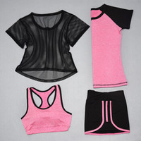 潮流假期 瑜伽服女套装夏季透气网罩衫运动四件套装 YD20199-黑罩衫黑拼粉红色-短袖四件套-XL