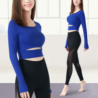 范迪慕 瑜伽服女运动套装女长袖上衣跑步健身衣健身服女性感运动服女 FDM1801-宝蓝色-长袖九分裤两件套-M