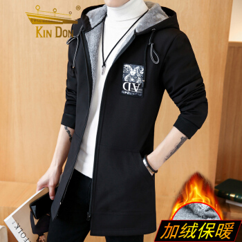 金盾（KIN DON）风衣 2019新款男士时尚加绒加厚中长款风衣401-F657黑色加绒M