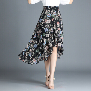 一塘晨春装新款2019女韩版印花收腰气质中长款不规则半身裙  S91B0221BA639M   黑底花色 M