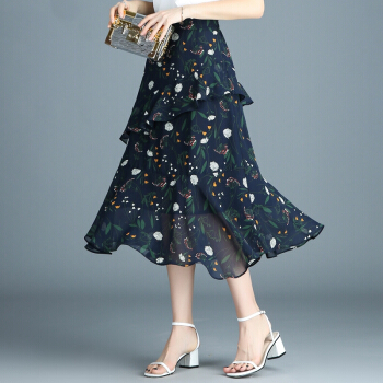 莉夏乐 春装新品半身裙女装不规则雪纺裙中长款碎花鱼尾裙a字裙印花裙子 zx3A25-7321 图片色 XL