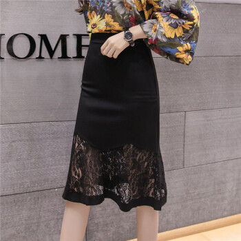 HMDIME ins半身裙女中长款春季新品 韩版时尚优雅气质蕾丝拼接荷叶边鱼尾裙子 GGSS3330 黑色 XL