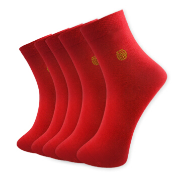 恒源祥大红纯棉袜 男士本命年鸿运刺绣厚袜子 5双装