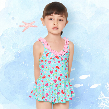 弈姿(EZI)儿童女童连体裙式游泳衣 可爱粉色荷叶边 2-11岁 Ezi10061 西瓜花 140cm