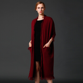 瑞比卡(Marc Rebecca)针织衫外套开衫中长款外搭流苏毛衣外套女 75007D 酒红色 L