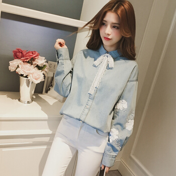 JOY OF JOY 2019年秋装新款休闲蕾丝蝴蝶结花朵刺绣衬衫衬衣女 JWCC181242 浅蓝 L