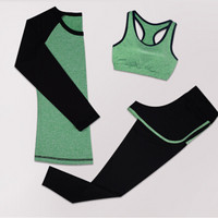 潮流假期 瑜伽服套装运动女跑步服长袖三件套显瘦健身服女速干背心长裤 YD20199-黑拼绿色-长袖三件套-XXL