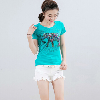 weierni 维迩旎 新款女装T恤夏季韩版时尚修身圆领百搭休闲钉珠印花短袖T恤女 8722 绿色 S