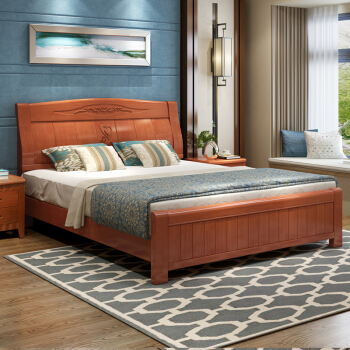 欧宝美实木床新中式卧室床婚床单人床双人床橡木床1.8米海棠色