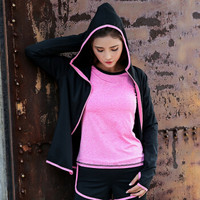 潮流假期 运动外套瑜伽服单件上衣速干跑步休闲长袖显瘦女士健身房服 YD20199-单件外套-黑拼粉红色-L