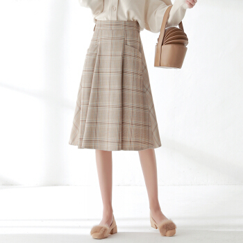 丝柏舍春装新款女气质高腰中长款格子百褶A字下摆半身裙 S91R0124BA81M  卡其色 M