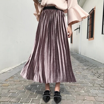 liqiao 丽乔 春夏新款女装半身裙女港味chic风百褶半身裙中长款韩版金丝绒a字高腰短裙子长裙 AAA0307 粉色 XL