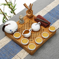 常生源 功夫茶具套装 竹木茶盘 陶瓷茶具 定窑茶壶茶杯 志在四方月白套装