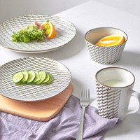 洁雅杰陶瓷餐具套装家用欧式碗碟套装4件套釉下丝网美式陶瓷餐具套装 线性(浅)