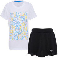 凯胜（KASON）儿童款羽毛球运动服套装夏季运动上衣短袖T恤短裙裤两件团队服 白色/标准黑 130CM