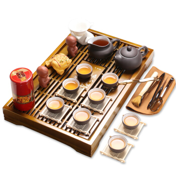 百鸿（Baihong） 整套茶具家用功夫紫砂茶壶茶杯实木茶盘 咖色小兰香内白紫砂茶具套装