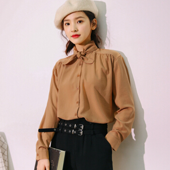 JOY OF JOY 2019年秋装新款韩版休闲时尚领口蝴蝶结雪纺长袖衬衫衬衣女 JWCC181454 咖啡色 均码