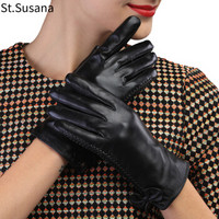 圣苏萨娜手套女 冬季保暖加绒 头层羊皮 女士触屏手套SW-271 黑色 S