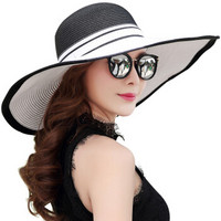 兰诗雨M0281夏遮阳草帽女士大沿防晒太阳帽子防晒海边沙滩帽可折叠防紫外线盆帽 黑白色