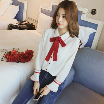 JOY OF JOY 2018年秋装新款短款系带蝴蝶结喇叭袖学院风学生打底雪纺衬衫女 JWCC181632 白色 L