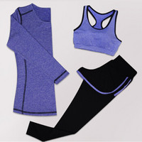 潮流假期 瑜伽服套装运动女跑步服长袖三件套显瘦健身服女速干背心长裤 YD20199-黑拼紫色-长袖三件套-L