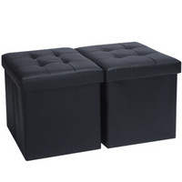 空间优品 黑色收纳凳 折叠储物凳 皮革凳2只装