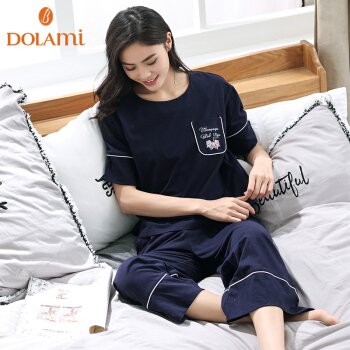 多拉美 DOLAMI 睡衣女夏短袖长裤可外穿简约休闲家居服套装 DL822012 宝蓝 L