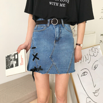 简芷  2018夏季新款韩版A字版修身蝴蝶结牛仔半身裙女 JXNZ9917 蓝色 S
