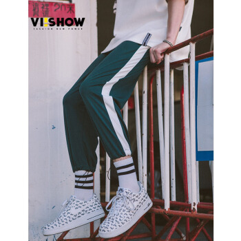 威秀 viishow 2019新品休闲裤男士条纹束脚裤青年学生装九分裤KB1603182 绿色 M