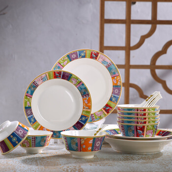 松发 餐具套装陶瓷碗盘碟餐具套装 中国风18头碗盘碟餐具组合 微波炉适用