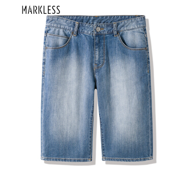Markless 牛仔裤男中腰直筒薄款牛仔短裤水洗修身五分裤NZA8052M浅牛仔蓝33（2.6尺）