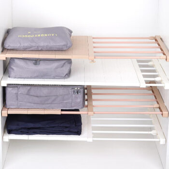 侑家良品 四代可伸缩（38-55cm）分层隔板置物架 衣柜厨房多用收纳架 免钉款42CM宽 居家咖 带隔板款
