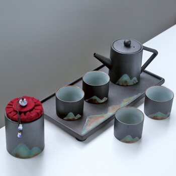 苏氏陶瓷 SUSHI CERAMICS 手绘彩画整套茶具直筒茶壶配精美茶盘小茶叶罐7件功夫茶杯子茶具礼盒套装